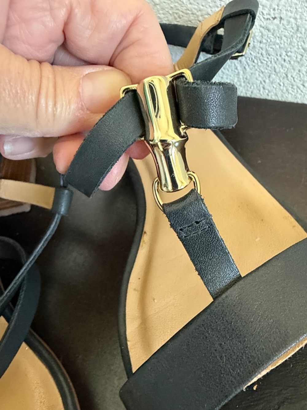 Talbots Black Leather T-Strap Sandals with Gold Accent - Picture 2 of 8